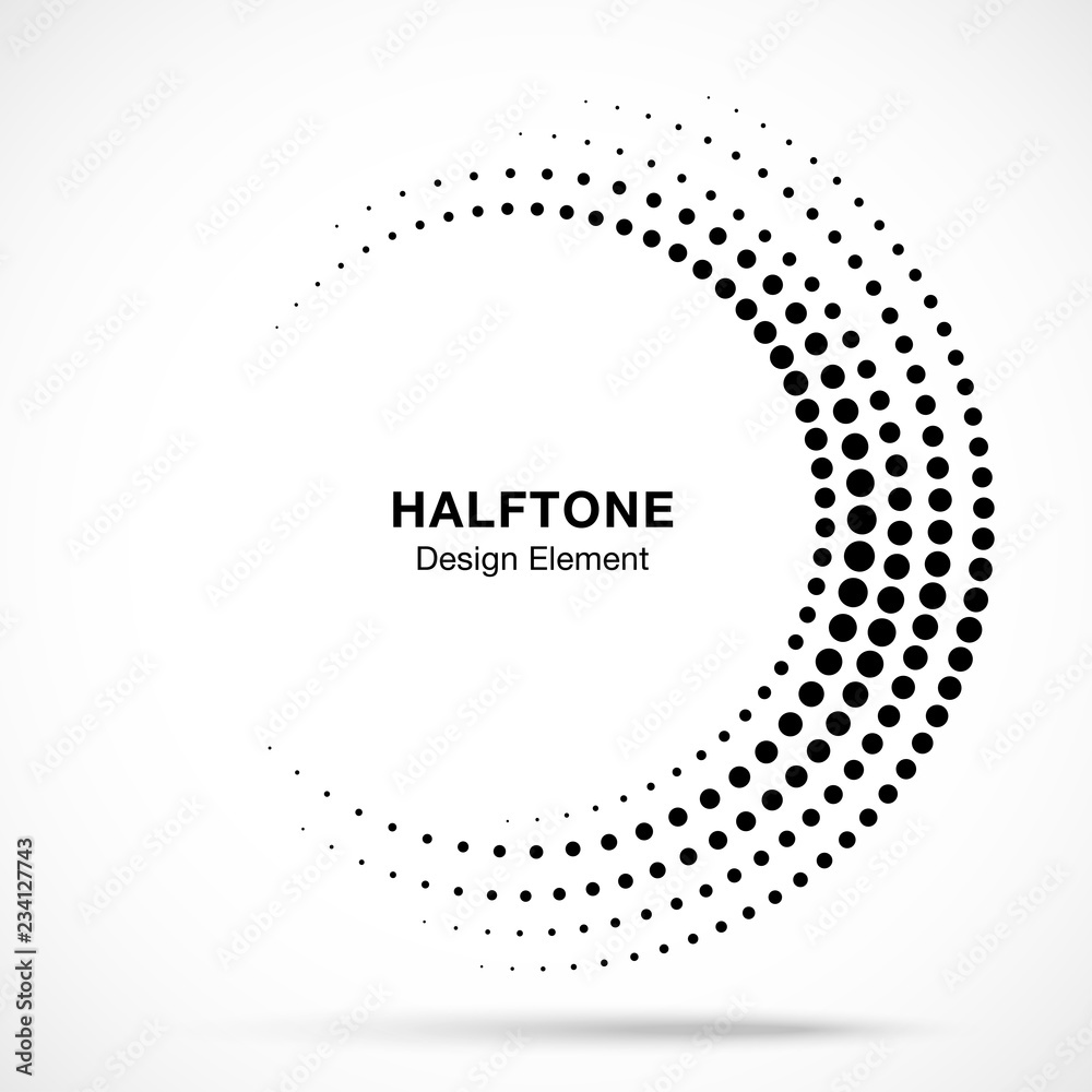 Halftone incomplete circle frame dots logo isolated on white background. Circular part design element for treatment, technology. Half round border Icon using halftone circle dots texture. Vector Halftone incomplete circle frame dots logo isolated on white background. Circular part design element for treatment, technology. Half round border Icon using halftone circle dots texture. Vector