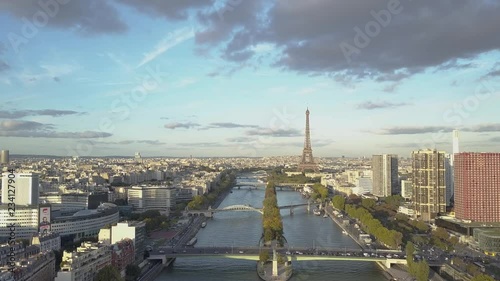 Aerial shot of Paris Eiffel Tower and Seine River
