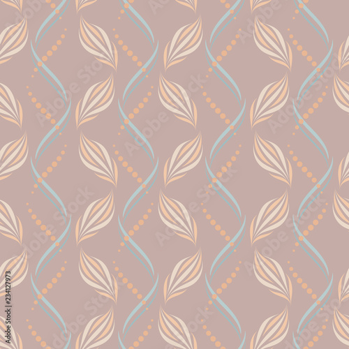 Seamless vector wavy pattern with abstract floral and geometric elements in pastel ashen-pink colors