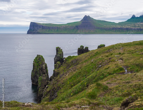 Scenic view on beautiful Hornbjarg cliffs in west fjords, remote nature reserve Hornstrandir in Iceland, with big bird cliff rocks blue sea and cloudy sky background photo