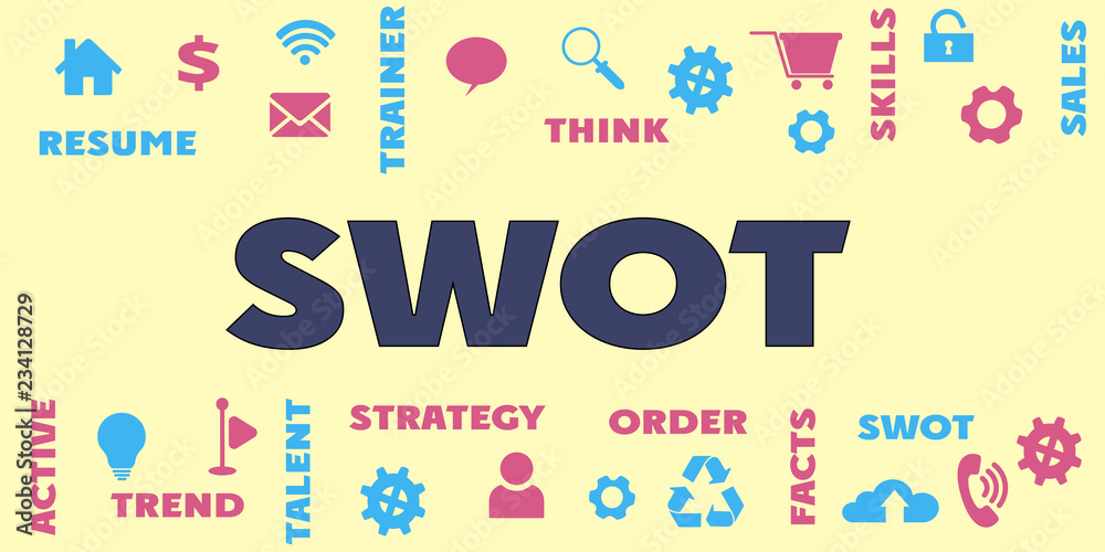 SWOT Panoramic Banner with icons and tags, words. Hi tech concept. Modern style