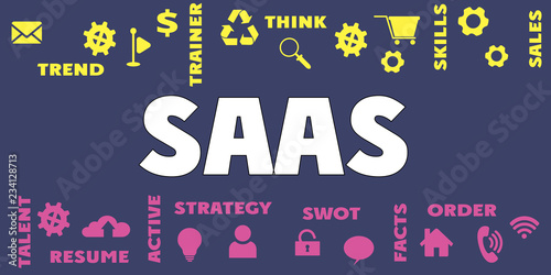 SAAS Panoramic Banner with icons and tags, words. Hi tech concept. Modern style