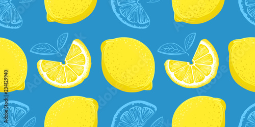Lemon seamless pattern. Colorful sketch lemons. Citrus fruit background. Elements for menu, greeting cards, wrapping paper, cosmetics packaging, posters etc