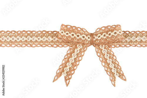 Burlap lace ribbon bow isolated on white background
