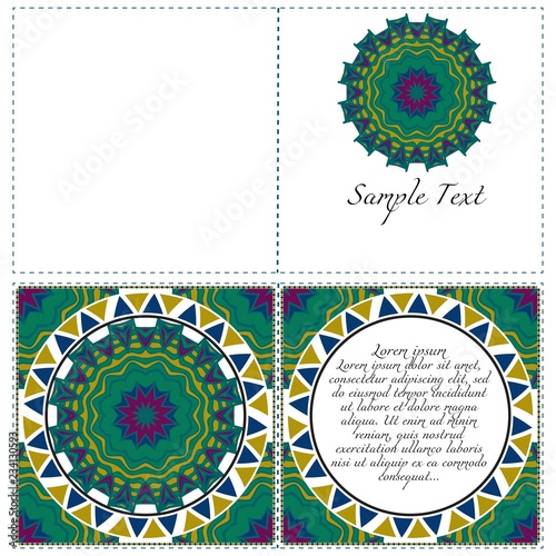 Invitation or Card template with floral mandala pattern. The front and rear side. Vector illustration