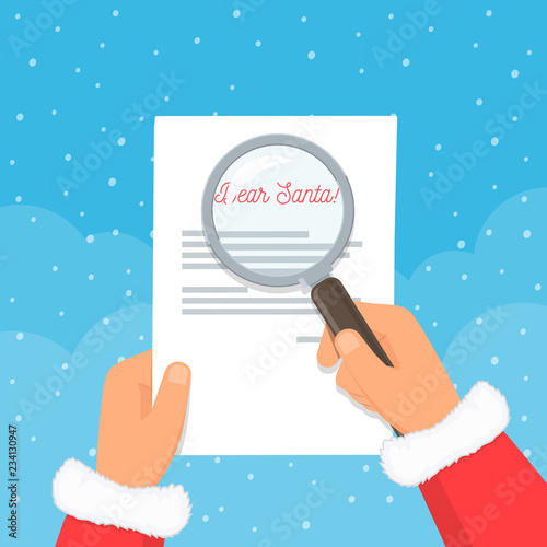 Close-up Santa Claus hands holding wishlist and magnifying glass. Reading children letters with desires. Christmas concept. Vector illustration in flat style.