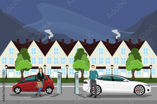 Man and woman charges an electric car at a charging station. Vector illustration EPS 10