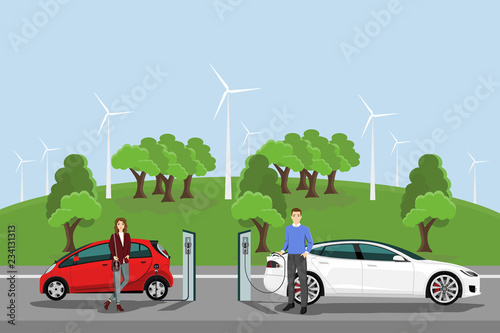 Man and woman charges an electric car at a charging station. Vector illustration EPS 10
