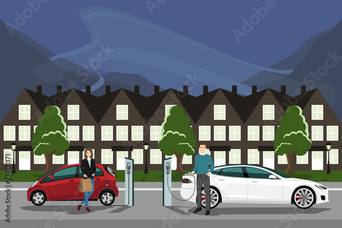 Man and woman charges an electric car at a charging station. Vector illustration EPS 10