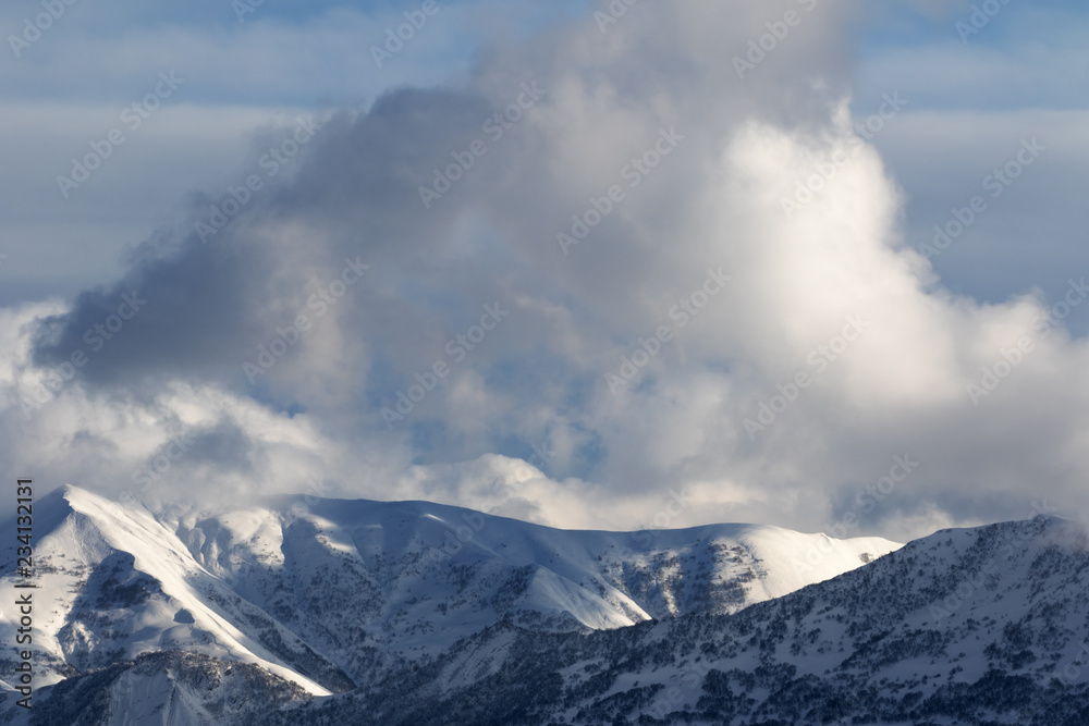 Snowy mountains with forest and sunlight cloudy sky