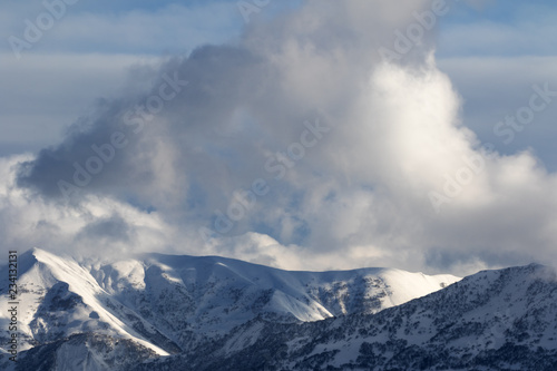 Snowy mountains with forest and sunlight cloudy sky © BSANI