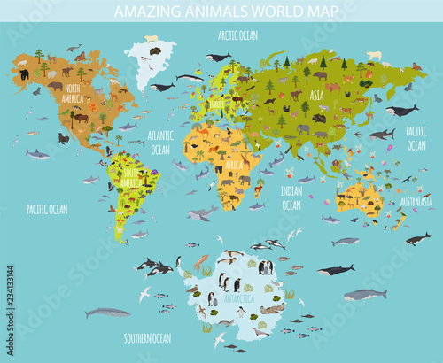 Fototapeta Naklejka Na Ścianę i Meble -  Flat world flora and fauna map constructor elements. Animals, birds and sea life isolated big set. Build your own geography infographics collection.