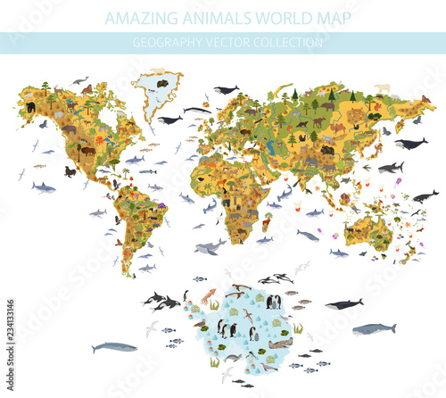 Fototapeta Naklejka Na Ścianę i Meble -  Flat world flora and fauna map constructor elements. Animals, birds and sea life isolated big set. Build your own geography infographics collection