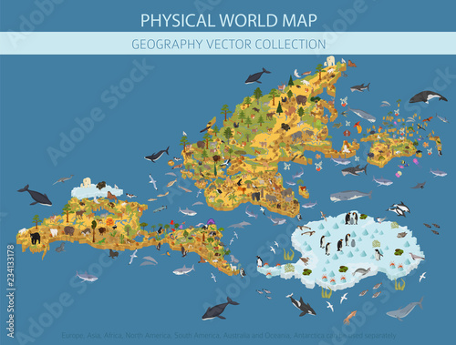 Isometric world flora and fauna map constructor elements. Animals, birds and sea life isolated big set. Build your own geography infographics collection