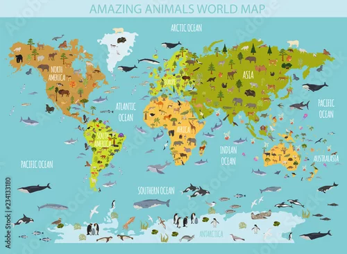 Obraz Flat world flora and fauna map constructor elements. Animals, birds and sea life isolated big set. Build your own geography infographics collection.