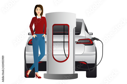 Woman charges an electric car at a charging station. Vector illustration EPS 10