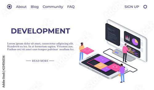 Developing mobile app concept. Isometric composition. Software developers. Vector illustration