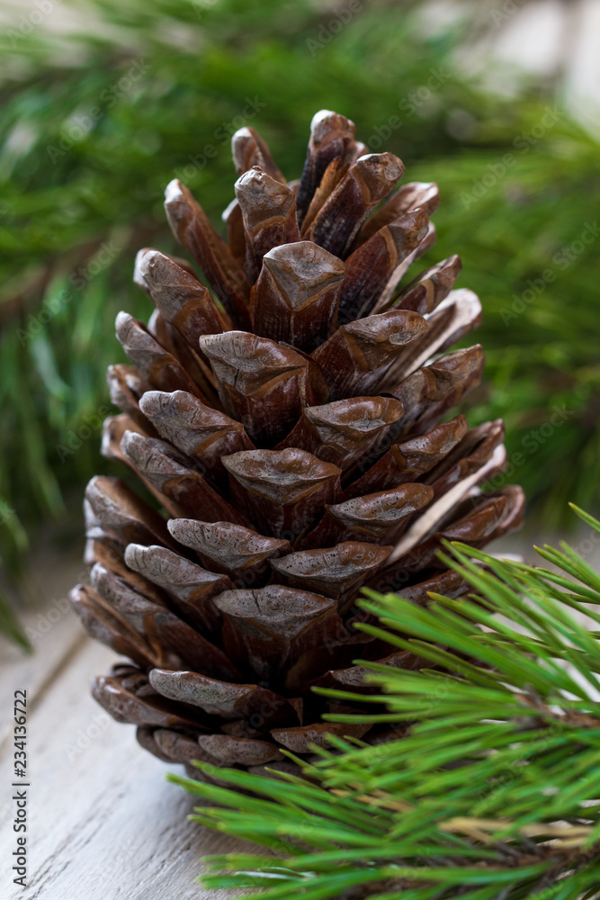 Christmas composition with a cone and fir tree branches, Christmas decorations on wooden table Christmas composition with a cone and fir tree branches, Christmas decorations on wooden table
