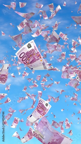 Flying euro banknotes against the sky background. Money is flying in the air. 500 EURO in color. 3D illustration