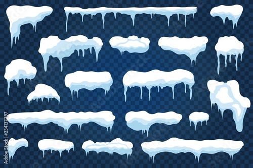 Vector snow caps, snowdrifts and snowflakes with icicles. Winter snowy frames with ice