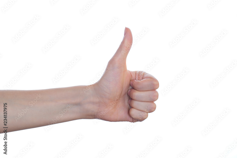 Okay approve accept fine super first validation positive happy concept. Side profile close up view photo of thumb-up isolated on white background copy space