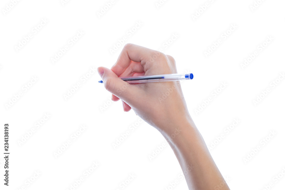 Side profile half turned close up studio photo of woman's hand holding pen isolated on white background copyspace mockup Side profile half turned close up studio photo of woman's hand holding pen isolated on white background copyspace mockup