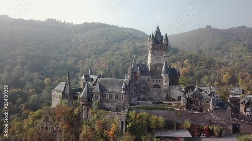 Cochem castle (Germany) and Mosel river aerial view.