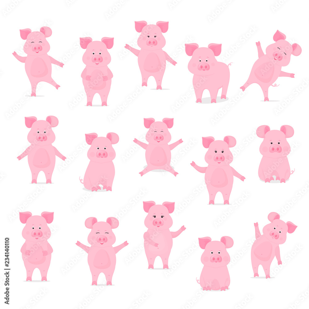 A set of cute pig characters in different poses, sitting, standing, walking, hand up and down. Funny animal. The symbol of the Chinese New Year