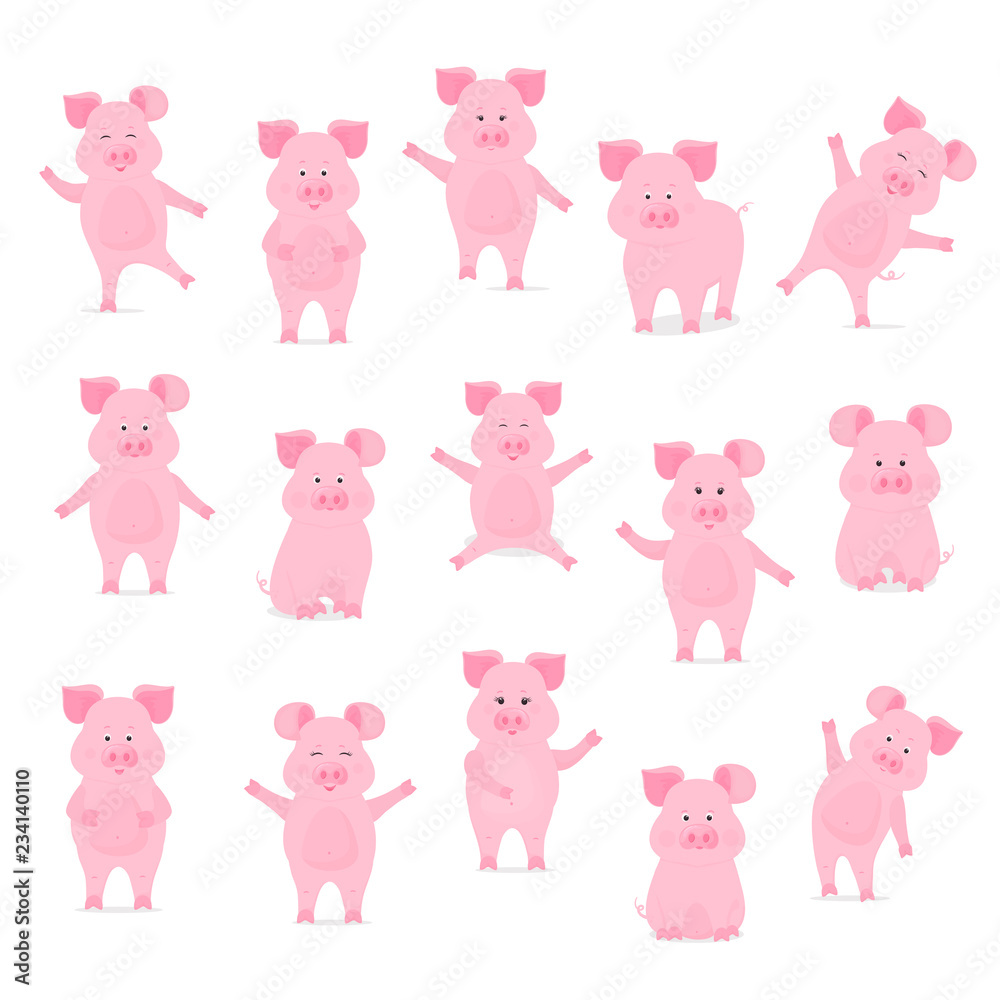 A set of cute pig characters in different poses, sitting, standing, walking, hand up and down. Funny animal. The symbol of the Chinese New Year A set of cute pig characters in different poses, sitting, standing, walking, hand up and down. Funny animal. The symbol of the Chinese New Year