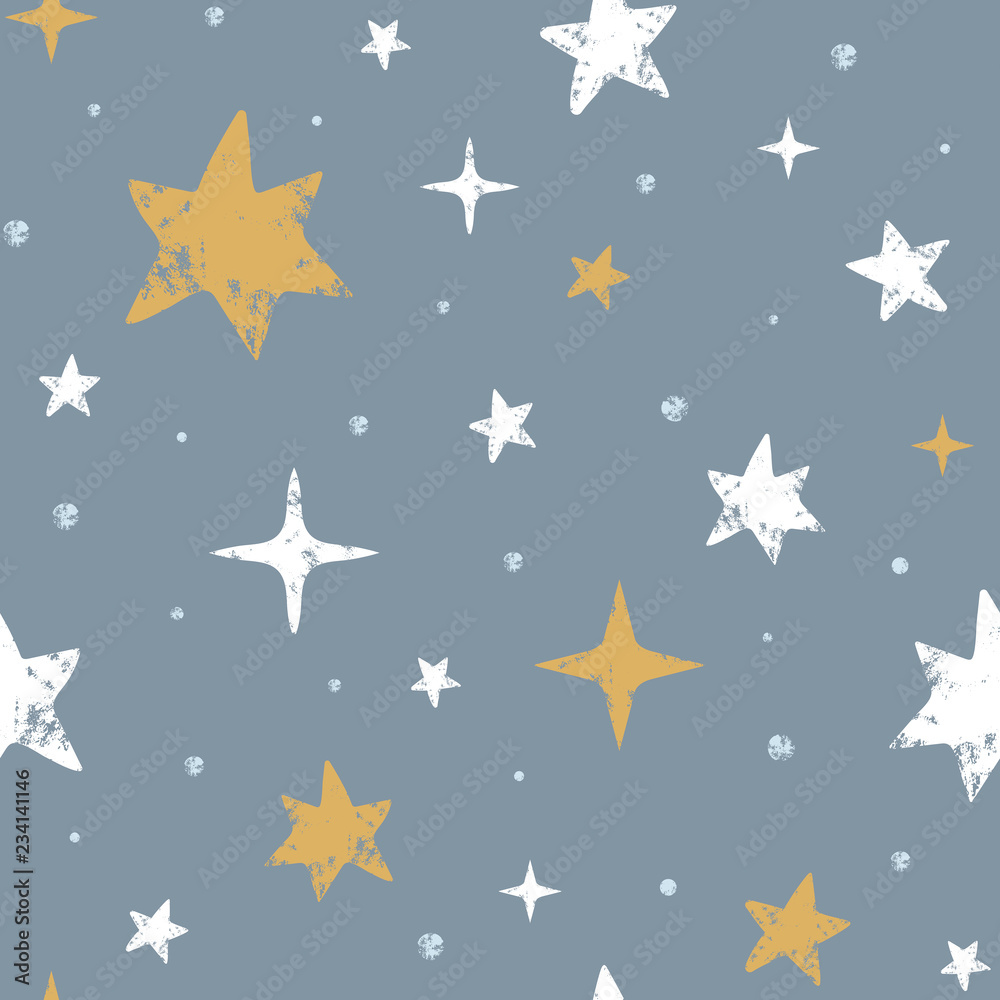 Fototapeta premium Cute scandinavian seamless pattern with hand drawn stars. Stamp textured background. Vector illustration for design and print.