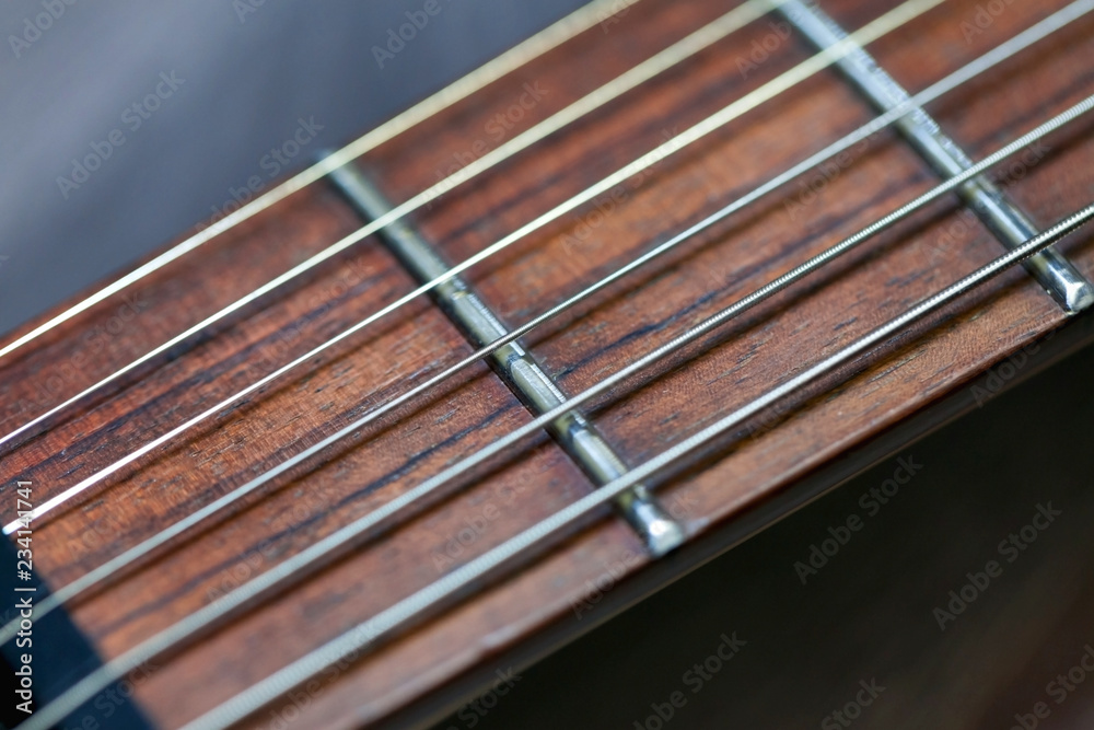 guitar with wooden brown neck and strings, close up blurry background, texture, abstract guitar with wooden brown neck and strings, close up blurry background, texture, abstract