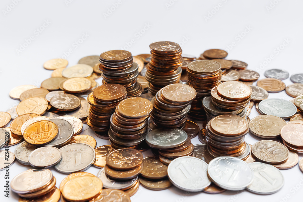 Big heap of columns of different Russian coins on white background. Big heap of columns of different Russian coins on white background.