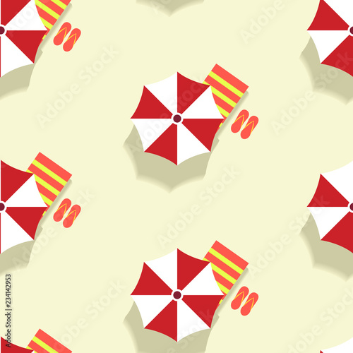 Vector seamless pattern with umbrella, chaise longue and flip flops. Summer background. Creative colorful wallpaper. For textile and fabric, cover, print on clothes. EPS10.