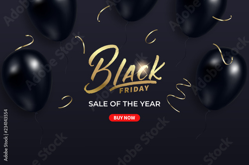 Black Friday. Banner for seasonal Black Friday sale. Black balloons and gold confetti.