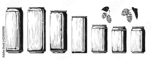Set of different aluminum cans. Sketch vector illustration.