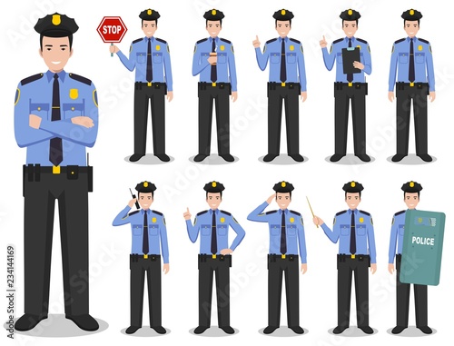 Police people concept. Detailed illustration of american policeman standing in different positions in flat style isolated on white background. Vector illustration.