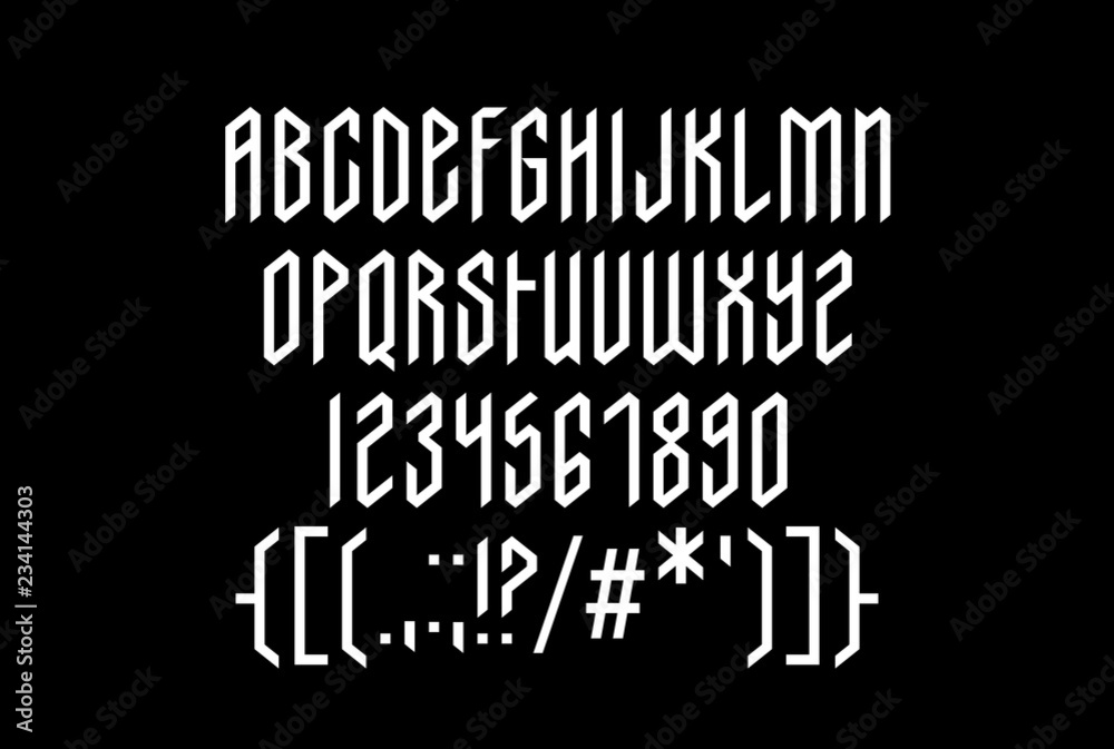 Vecteur Stock Powerful medieval condensed uppercase font, modern gothic  stylized typography with uppercase letters, numbers, punctuation and ink  handwritten black letters with Scandinavian geometric ornaments | Adobe  Stock