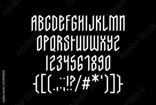Powerful medieval condensed uppercase font, modern gothic stylized typography with uppercase letters, numbers, punctuation and ink handwritten black letters with Scandinavian geometric ornaments