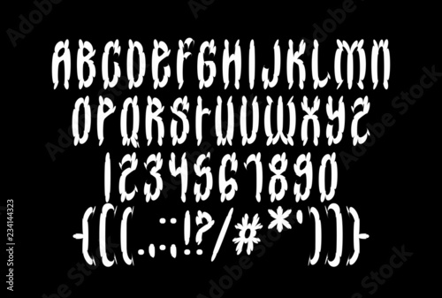 Powerful medieval condensed uppercase font, modern gothic stylized typography with uppercase letters, numbers, punctuation and ink handwritten black letters with Scandinavian geometric ornaments