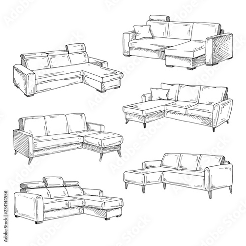 Set of sofas isolated on white background.Vector illustration in a sketch style