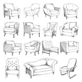 Set of different soft armchairs. Vector illustration