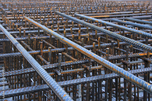 Laid reinforcement. Preparation for pouring concrete. Close-up. Creativity. photo