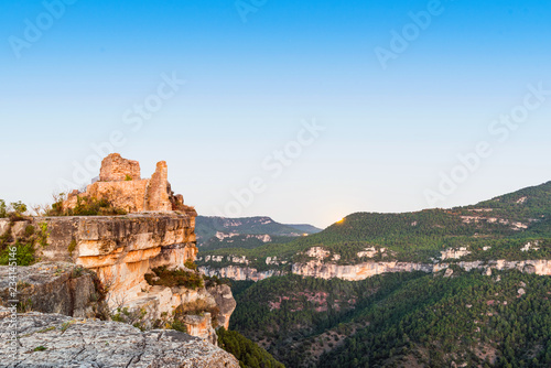 View of the ruins of the castle of Siuran, Tarragona, Catalunya, Spain. Copy space for text.