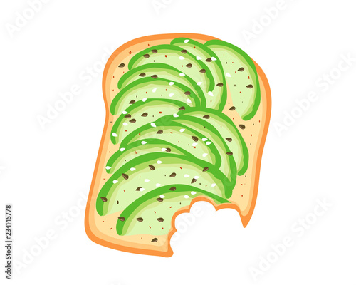 Avocado toast. Sliced avocado on toast bread with spices. Delicious avocado sandwich with sesame seeds, seasoning and dill. Vector illustration.