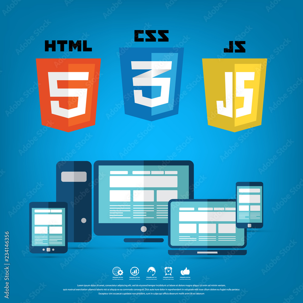 Coding and web technology shields. HTML5, CSS, Javascript. Web site development icons. Coding and web technology shields. HTML5, CSS, Javascript. Web site development icons.