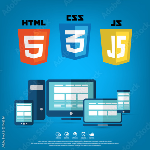 Coding and web technology shields. HTML5, CSS, Javascript. Web site development icons.