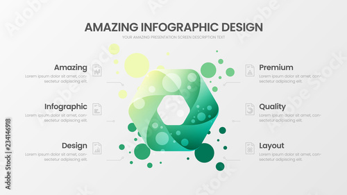 Premium quality 6 option hexahedron marketing analytics presentation vector illustration template. Business data visualization design layout. Amazing colorful organic statistics infographic report.