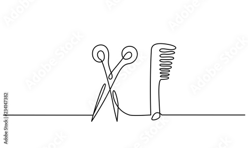 Scissors and comb business icon. Continuous line