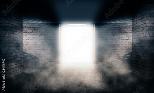 Background of empty room with brick walls and concrete floor. Open elevator doors. Neon light, spotlight, smoke, smog