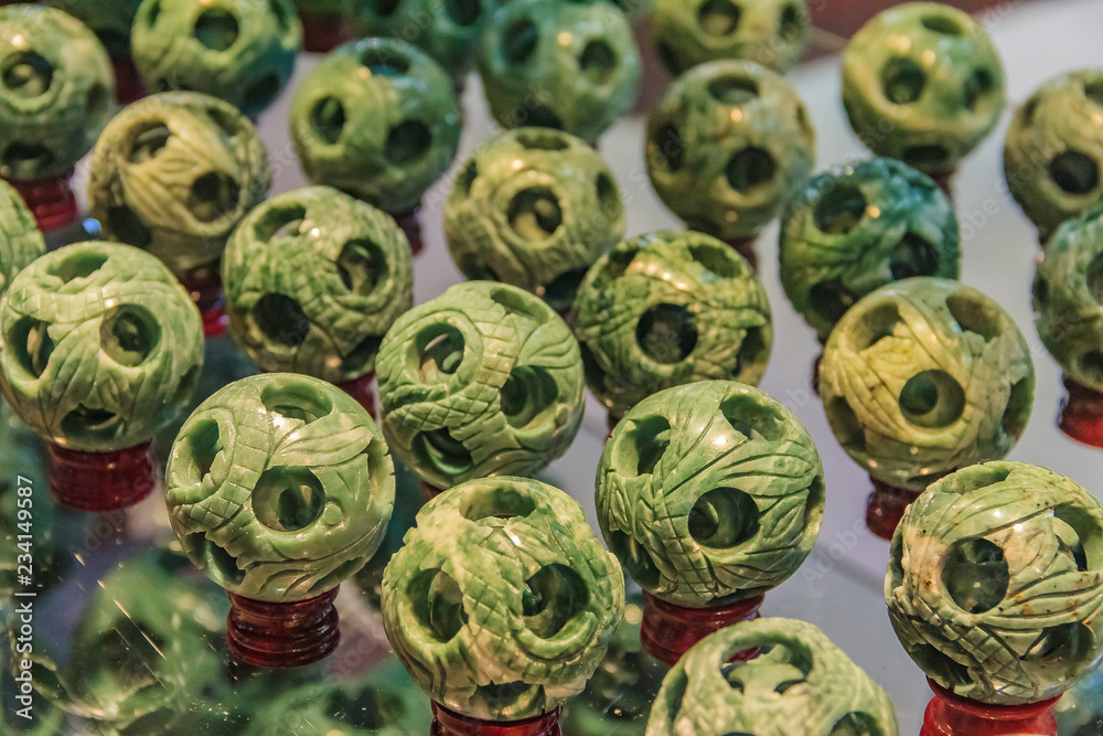 Souvenir jade balls on display for purchase in a jade factory in Beijing China